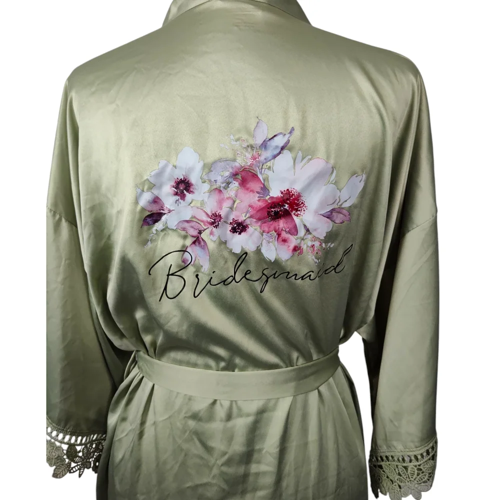 Dusty Sage Satin Lace Bridesmaid Robe Floral Wedding Getting Ready Robe